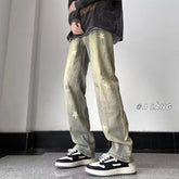 Men Jeans Retro Washed Straight-Leg Pants Loose Casual Pants